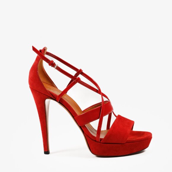 Gucci Red Suede Criss Cross Strappy Platform Sandal Pumps - Picture 1 of 11